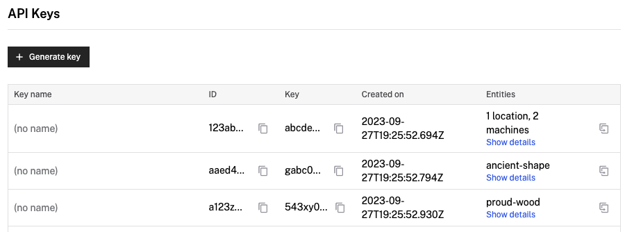 API Keys table